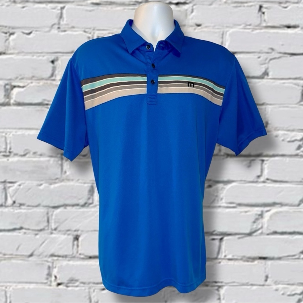 TravisMathew Men’s Polo Shirt Size L Blue Striped Golf Performance Short Sleeve